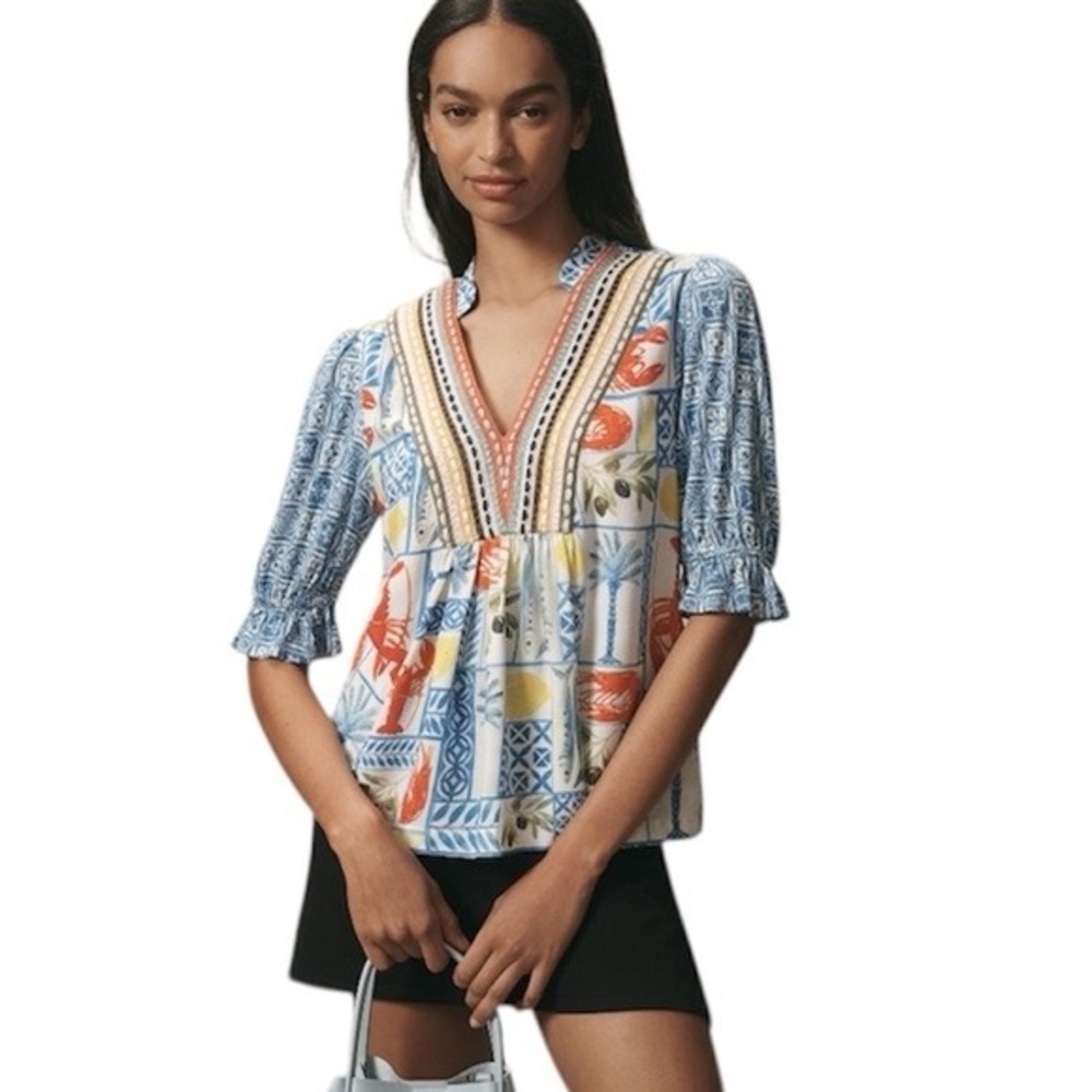 Blank London Mediterranean Lobster Lemon Print Embroidered V-Neck Top Medium